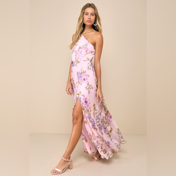 NWT Lulus Romantic Marvel Light Pink Floral Print Halter Neck Maxi Dress, Small - Picture 2 of 16